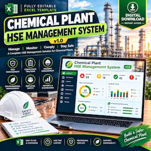 Op de afbeelding: Een digitaal Excel-sjabloon voor een HSE-beheersysteem voor chemische fabrieken op een laptopscherm. De afbeelding bevat een witte veiligheidshelm met een groen bladlogo, een veiligheidsbril en een notitieblok met een checklist op een houten ondergrond.