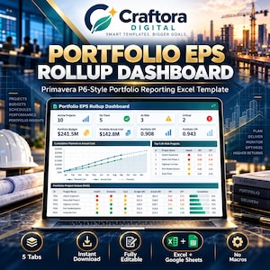 May include: A digital Portfolio EPS Rollup Dashboard displayed on a laptop screen, featuring project metrics, budget data, and status tables. The interface includes charts, project names, and performance indicators for a Primavera P6-style Excel template.