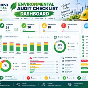 May include: A digital environmental audit checklist dashboard by Craftora Digital featuring data visualizations, bar charts, and circular progress indicators. The interface displays metrics for total audits, compliance rates, and findings, with green, yellow, and red color coding.