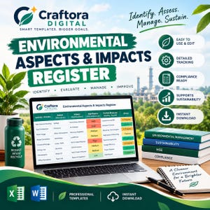 May include: A digital Environmental Aspects & Impacts Register template displayed on a laptop screen, featuring a table with columns for activity, aspect, impact, significance, and control measures, alongside a green water bottle and books.