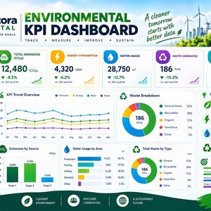 Könnte beinhalten: Eine digitale Vorlage für ein Environmental KPI Dashboard von Craftora Digital. Die Benutzeroberfläche zeigt Kennzahlen zu Gesamtemissionen, Energieverbrauch, Wasserverbrauch, Abfallaufkommen und Compliance-Rate mit Trenddiagrammen und Balkengrafiken.
