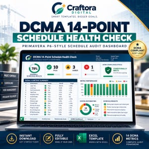 May include: A digital DCMA 14-Point Schedule Health Check dashboard displayed on a laptop screen. The Excel template features a Primavera P6-style audit interface with metric performance charts, status distribution graphs, and a summary table.
