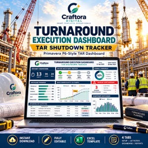 May include: A laptop displaying a Turnaround Execution Dashboard and TAR Shutdown Tracker. The screen shows progress charts, a restart countdown, and milestone trackers. A hard hat, blueprints, a measuring tape, and a pen sit on the desk.