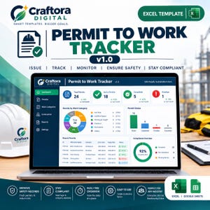 May include: A digital Permit to Work Tracker Excel template displayed on a laptop screen. The dashboard features data visualizations including a pie chart, bar graph, and compliance overview, with text labels for issue, track, monitor, and safety.