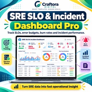 May include: A laptop screen displays the SRE SLO & Incident Dashboard Pro, featuring data visualizations for SLO tracking, error budgets, burn rates, and incident performance metrics, with icons for burn alerts and postmortems.