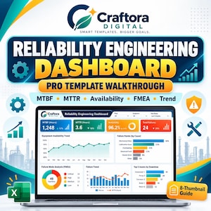 May include: A digital reliability engineering dashboard template displayed on a laptop screen. The interface features metrics for MTBF, MTTR, availability, and failure trends, including charts, graphs, and a failure mode analysis section.