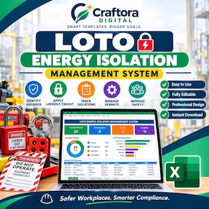 May include: A digital LOTO Energy Isolation Management System template displayed on a laptop screen, featuring data charts and tables. Beside the laptop are red lockout padlocks and a DANGER DO NOT OPERATE tag. The graphic includes text and icons.