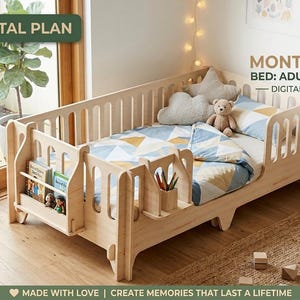 May include: A light-colored wooden Montessori bed frame featuring integrated side shelving for books and a small storage compartment. The digital plan includes DXF and SVG files, a PDF guide, and specifies 18 mm plywood for construction.