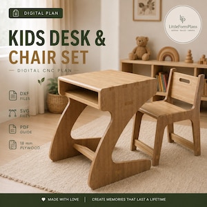 May include: A light-colored wooden kids desk and chair set with a Z-shaped frame design. The image includes text: DIGITAL PLAN, KIDS DESK & CHAIR SET, DIGITAL CNC PLAN, DXF FILES, SVG FILES, PDF GUIDE, 18 mm PLYWOOD, and LittleFormPlans.