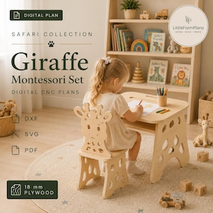May include: A light-coloured wooden children's furniture set including a chair with a giraffe-shaped backrest and a matching desk. The set is designed for 18 mm plywood construction and includes digital plans in DXF, SVG, and PDF formats.