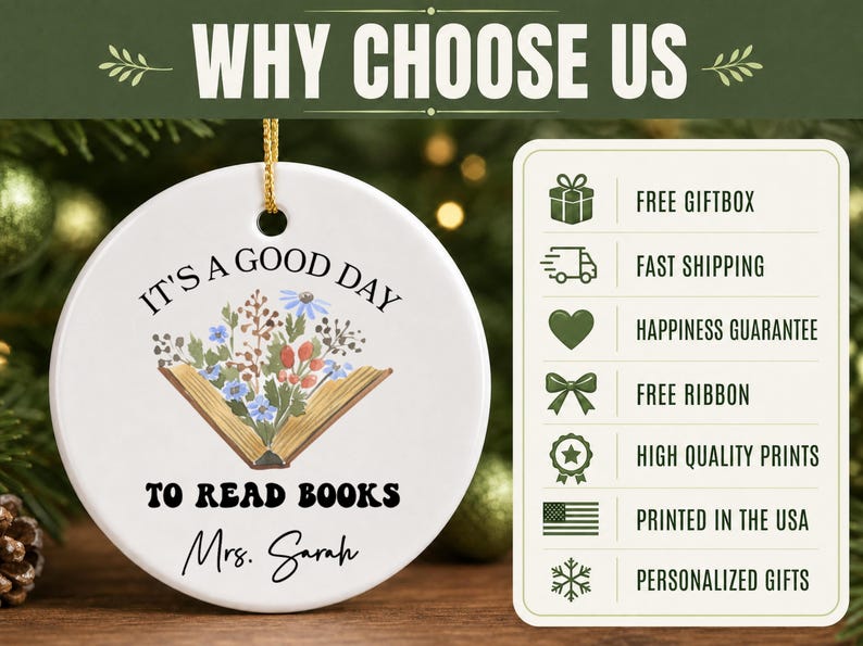 Round ornament with text "It's a good day to read books Mrs. Sarah."