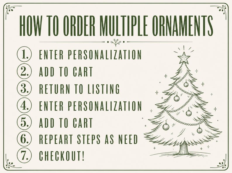 How to order multiple ornaments: Enter personalization, add to cart, return, repeat, checkout.