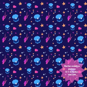 May include: A seamless pattern on a dark blue background featuring repeating illustrations of light blue open clams with white pearls, orange starfish, pink coral, and small bubbles. A pink starburst shape contains the text Marine seamless pattern 12 X 12 inches 300 DPI.