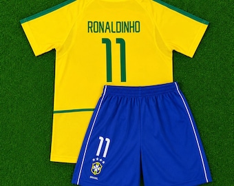 Ronaldinho 11 Brazil 2002 Kids Jersey Shorts Set, Retro Football Soccer Kit, Youth Fan Gift