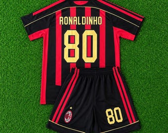 Conjunto de camiseta y pantalón corto de Ronaldinho 80 Milan 2006 2007 para niños, equipación retro de fútbol, ​​regalo para jóvenes aficionados