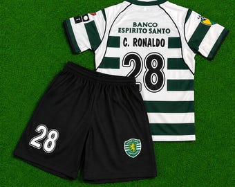 Ronaldo 28 Sporting 2002 2003 Kids Jersey Shorts Set, Retro Football Soccer Kit, Youth Fan Gift