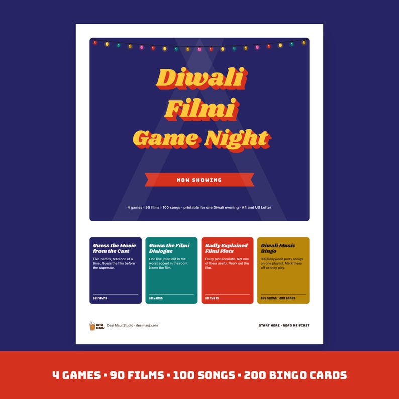 Diwali party games printable bundle cover, Diwali Filmi Game Night: four Bollywood party games for adults and family with 90 films, 100 songs and 200 bingo cards