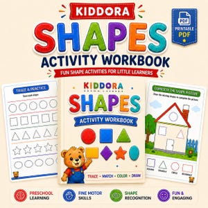 Könnte beinhalten: Ein Kiddora Shapes Arbeitsheft mit einem bunten Einband, der einen Cartoon-Bären und verschiedene Formen zeigt. Das Set enthält zwei Übungsblätter mit Nachspur-Aufgaben und ein Hausbild, das mit Formen vervollständigt werden soll. Enthält PDF-Symbol.