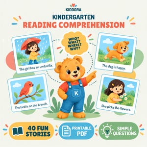 Könnte beinhalten: Ein Kiddora Kindergarten Reading Comprehension Lernblatt mit einem zentralen braunen Bären in blauer Latzhose mit einem K, umgeben von vier illustrierten Geschichtenkarten mit Text, 40 lustigen Geschichten, druckbarem PDF und einfachen Fragen.