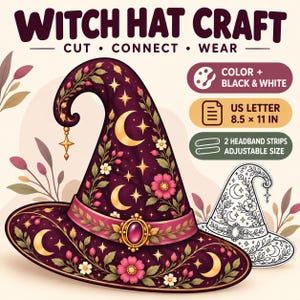 Op de afbeelding: Een heksenhoed knutselset met een donkerpaarse hoed met gouden manen, sterren en roze bloemen. Tekst: WITCH HAT CRAFT, CUT, CONNECT, WEAR, COLOR + BLACK & WHITE, US LETTER 21,59 x 27,94 CM, 2 HEADBAND STRIPS ADJUSTABLE SIZE. Inclusief een zwart-wit versie.