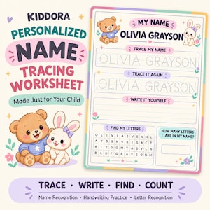 May include: A personalized name tracing worksheet featuring the name Olivia Grayson. The document includes sections to trace the name, write it independently, find letters in a grid, and count letters, decorated with illustrations of a bear and a rabbit.