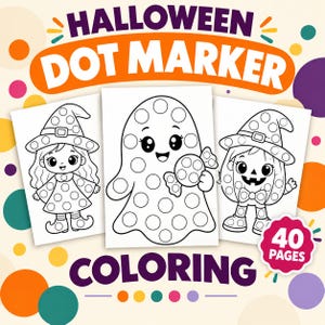 May include: A Halloween dot marker coloring book set featuring 40 pages of black and white line art. The cover displays three illustrations: a witch, a ghost holding candy, and a pumpkin character, all designed with circular spots for dot markers.