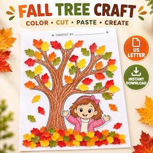 Może przedstawiać: Arkusz do prac ręcznych z napisem FALL TREE CRAFT oraz tekstem COLOR CUT PASTE CREATE. Przedstawia brązowy pień drzewa z kolorowymi papierowymi liśćmi w kolorach czerwonym, pomarańczowym, żółtym i zielonym oraz postać w różowej kurtce.