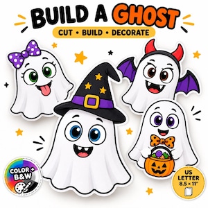 Könnte beinhalten: Ein Build a Ghost Bastelset mit vier Cartoon-Geistern und Zubehör wie einer lila gepunkteten Schleife, einem schwarzen Hexenhut mit gelben Sternen, roten Teufelshörnern und einem Kürbis-Süßigkeitenkorb. Der Text lautet US LETTER 8.5 x 11.