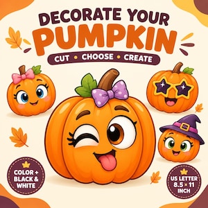 Może przedstawiać: Cyfrowa grafika z napisem DECORATE YOUR PUMPKIN CUT CHOOSE CREATE przedstawiająca dużą mrugającą dynię z fioletową kokardą, otoczoną trzema mniejszymi dyniami z akcesoriami oraz informacją o formacie US LETTER 21,59 x 27,94 cm.