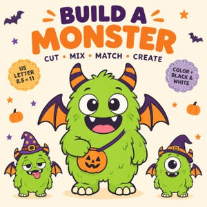 May include: A Build a Monster activity sheet featuring the text "BUILD A MONSTER CUT MIX MATCH CREATE" with "US LETTER 8.5 x 11" and "COLOR + BLACK & WHITE" labels. The graphic shows three green furry monsters with horns, wings, and pumpkins.