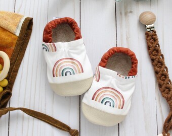 neutral rainbow baby shoes - kids rainbow slippers - vintage inspired rainbow shoes - vegan baby moccasins- neutral rainbow baby shower gift