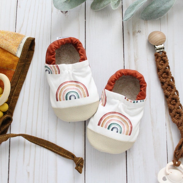 neutral rainbow baby shoes - kids rainbow slippers - vintage inspired rainbow shoes - vegan baby moccasins- neutral rainbow baby shower gift