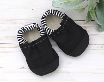 black soft sole baby shoes - rubber sole moccasins for toddlers - big kids slippers - gender neutral baby shower gift - minimalist footwear