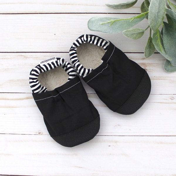 black soft sole baby shoes - rubber sole moccasins for toddlers - big kids slippers - gender neutral baby shower gift - minimalist footwear