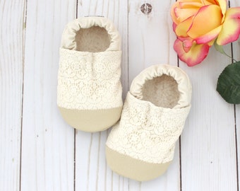 cream lace baby shoes - toddler moccasins - kids lace slippers - flower girl shoes - baptism shoes - christening booties - baby shower gift