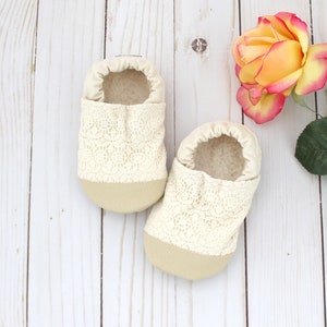 cream lace baby shoes - toddler moccasins - kids lace slippers - flower girl shoes - baptism shoes - christening booties - baby shower gift