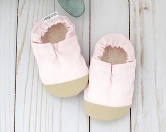 pink linen soft sole shoes - kids linen slippers - vegan soft sole baby moccs - rubber sole toddler shoes - natural girl baby shower gift