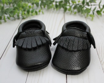 black leather moccasins - toddler fringe leather moccs - soft sole baby shoes - black baby shoes - gender neutral baby shower gift