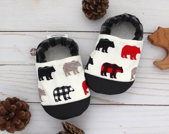 baby bear booties - soft sole shoes baby shoes - buffalo plaid shoes - new baby gift - kids bear slippers - baby shower gift - bear gift