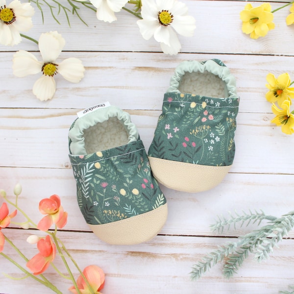 wildflower baby shoes - green wildflower slippers - vegan soft sole kids shoes - floral toddler moccasins - vegan baby shower gift for girl