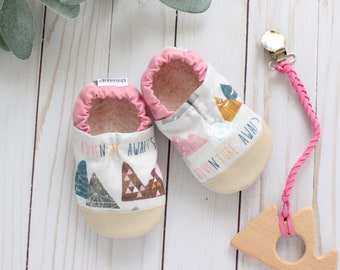 pink mountain baby shoes - kids mountain slippers - vegan baby moccasins - mountain baby shower gift for girl - adventure awaits - birthday