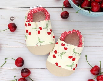 cherry baby shoes - cherry moccs - soft sole shoes with cherries - cherry slippers - vegan soft sole shoes - cherry theme baby shower gift