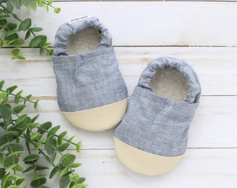 chambray baby shoes - neutral baby gift - chambray kids slippers - vegan soft sole shoes - rubber sole linen moccs for kids - earthy baby
