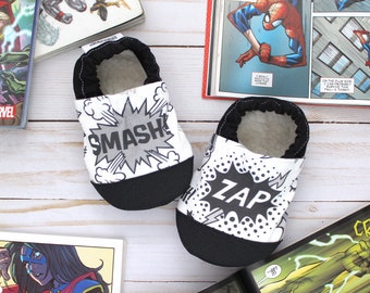 comic book baby shoes - toddler comic moccasins - superhero slippers - vegan soft sole shoes - nerd baby gift - comic book baby shower gift