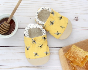 honey bee baby shoes - kids soft sole shoes - big kids slippers - bee moccasins - vegan shoes - bee baby shower- gender neutral baby gift