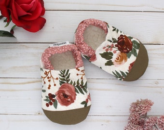 dusty rose baby shoes - rose moccasins - floral kids slippers - rose baby shower gift girl - first birthday gift - vegan soft sole shoes