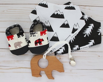 bear baby shower gift set - baby boy gift set - bear theme baby gift set - mountain gift box for baby - gender neutral baby shower gift