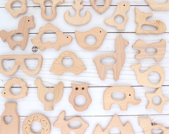 mini wooden teething rings - small wooden baby teether - gender neutral baby shower gift - teething toy - wooden teether toy various shapes
