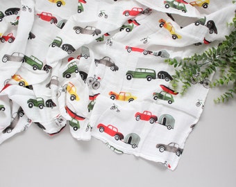 vintage cars baby swaddle - vehicles nursing cover - double gauze baby swaddle - baby shower gift for baby boy - bamboo cotton baby wrap