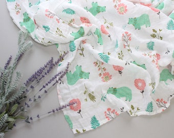 baby girl muslin swaddle - nursing cover - double gauze baby blanket with bears - girls baby shower gift - cotton baby blanket - baby wrap